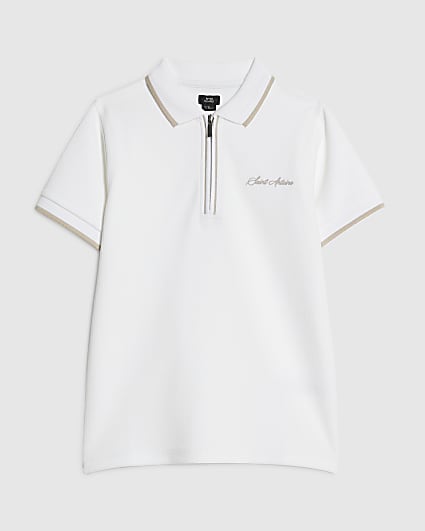 Boys White Textured Polo Shirt