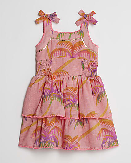 Mini Girls Orange Palm Print Dress