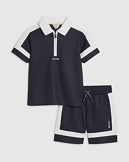 Mini Boys Navy Slim Blocked Polo Set