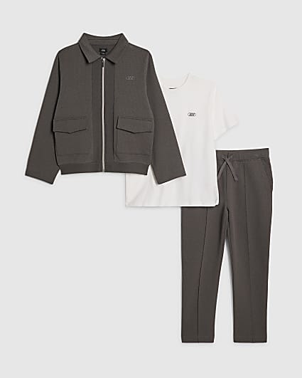 Boys Grey Textured Jacket 3 Piece Set