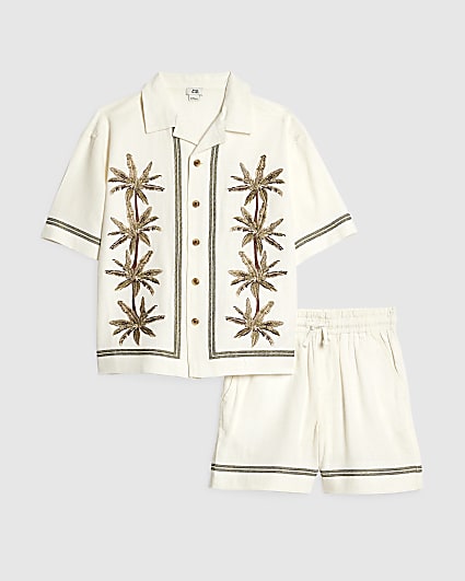 Boys Cream Embroidered Palm Shirt Set