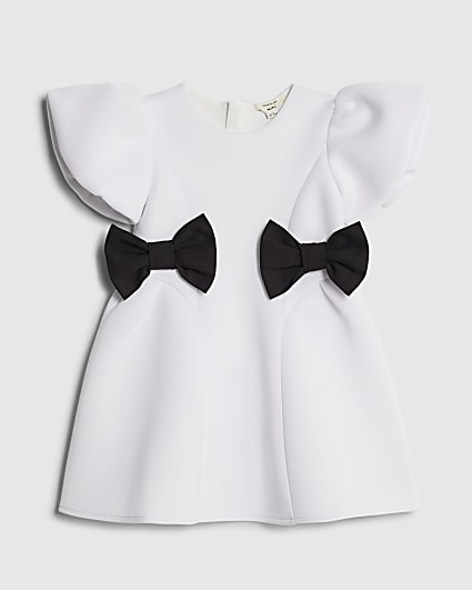 Mini Girls White Bow Side Scuba Dress