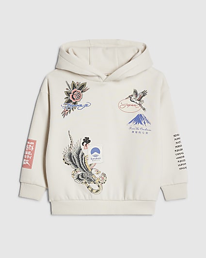 Mini Boys Cream Japanese Bird Print Hoodie