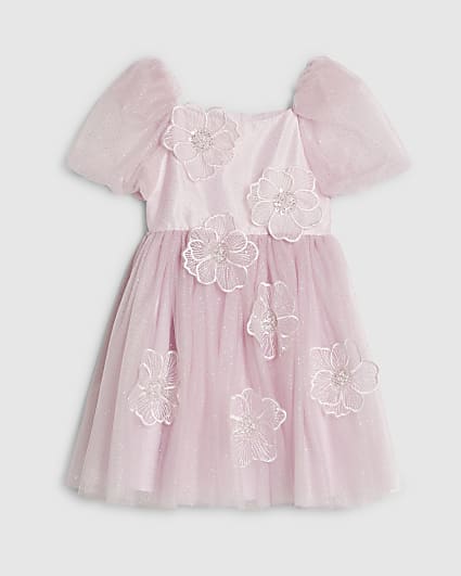 Girls Pink Puff Sleeve Floral Tulle Dress