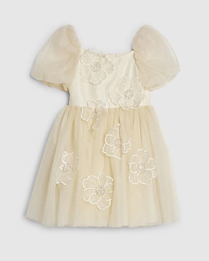 Girls Yellow Puff Sleeve Floral Tulle Dress