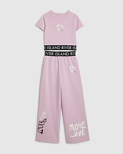 Girls Pink Graffiti Wide Leg Trousers Set