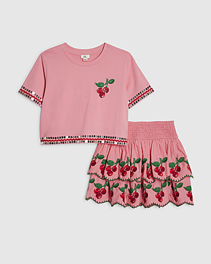 Girls Pink Cherry T-Shirt And Skirt Set