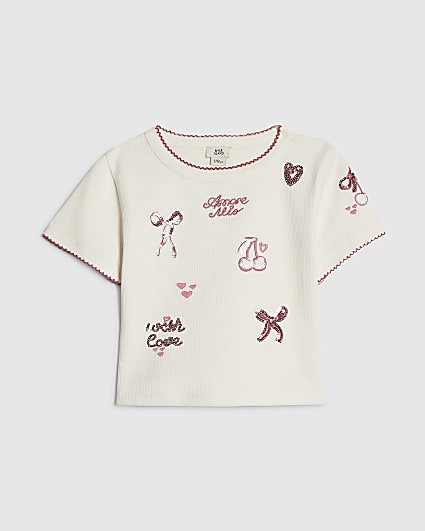 Girls White Ribbed Sequin Embellished T-Shirt