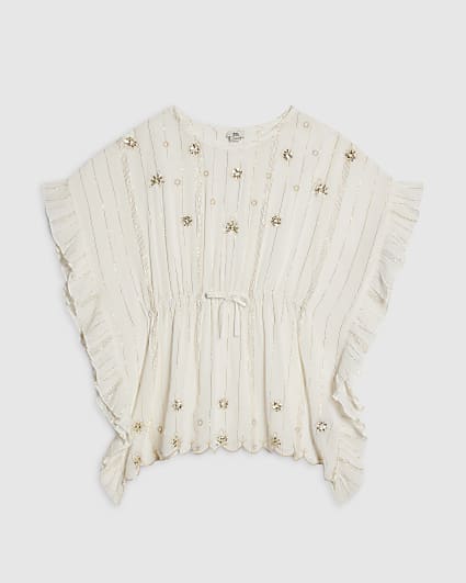 Girls Cream Embellished Kaftan