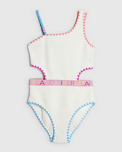 Girls White Textured Asymmetric Swimsuit