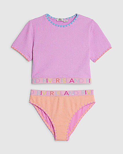 Girls Purple Textured T-Shirt And Bikini Set