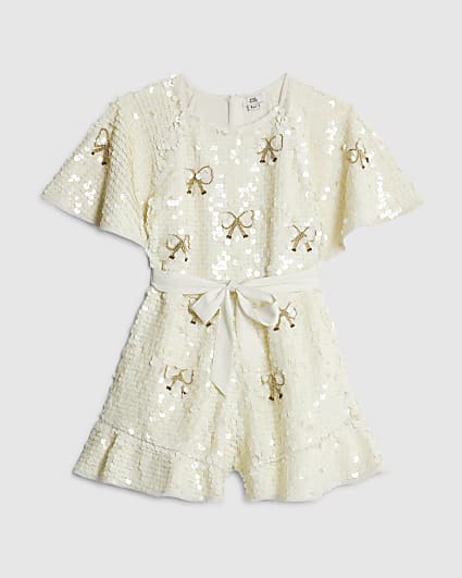 Girls Cream Bow Sequin Playsuit