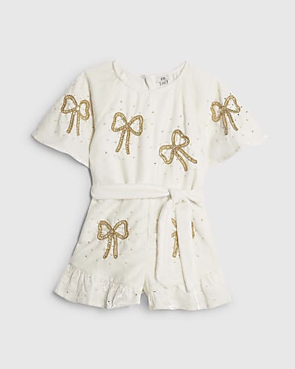 Girls Cream Velvet Bow Playsuit