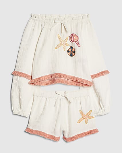 Girls White Shell Shorts Set