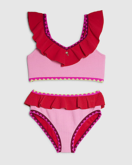 Girls Pink Textured Frill Bikini Set