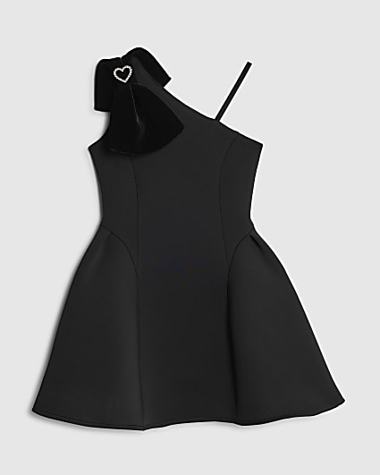 Girls Black One Shoulder Bow Skater Dress