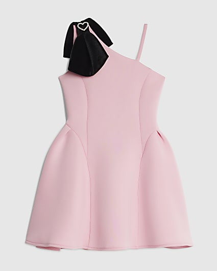 Girls Pink One Shoulder Bow Scuba Dress