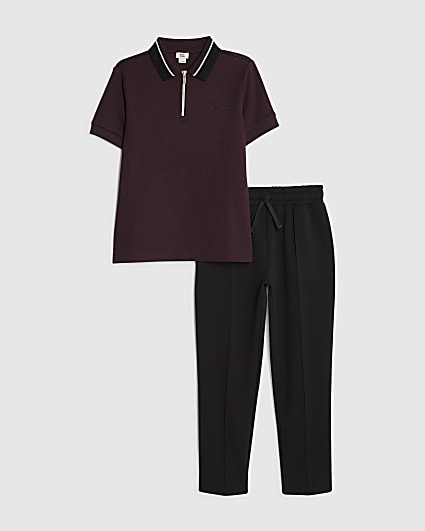 Boys Red Ottoman Collar Polo Shirt Set