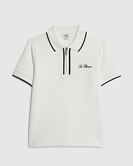 Boys White Textured Polo Shirt