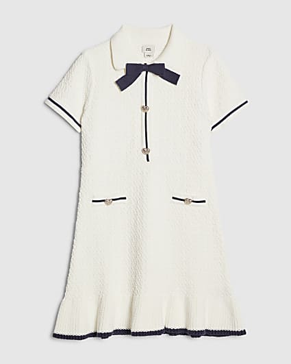 Girls Cream Boucle Bow Dress