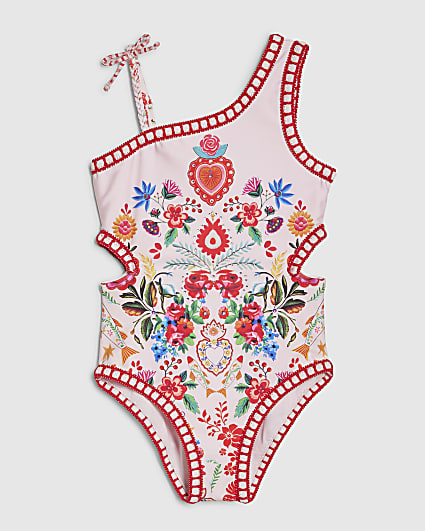 Girls Pink Floral Print Swimsuit