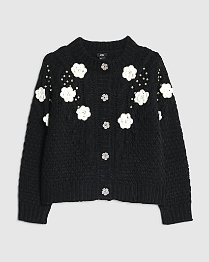 Girls Black Embellished Flower Cardigan