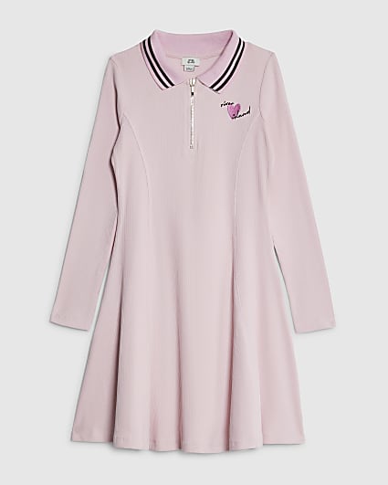 Girls Pink Ribbed Zip Polo Dress