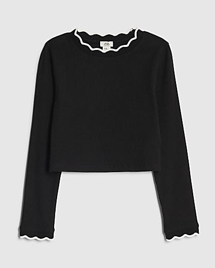 Girls Black Scallop Trim Long Sleeved Top