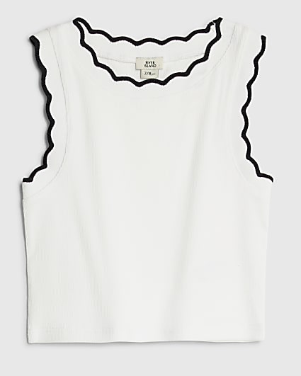 Girls White Scallop Trim Tank Top