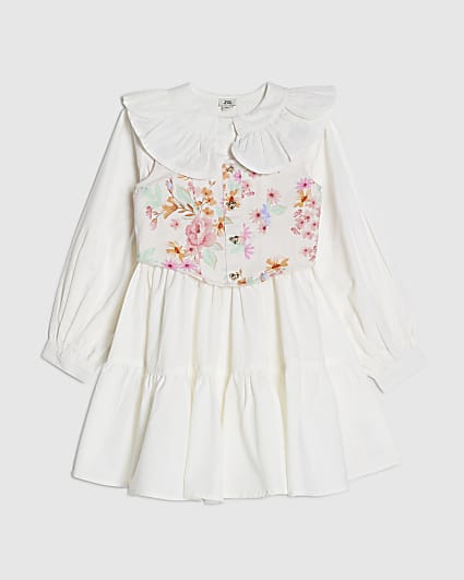 Girls White 2 In 1 Floral Dress