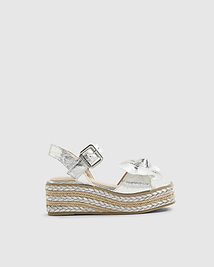 Girls Silver Metallic Bow Wedge Sandals