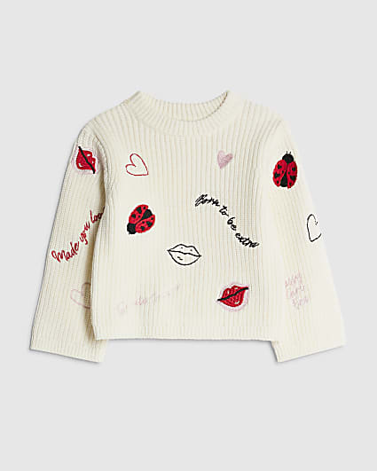 Mini Girls Cream Ladybird Lips Jumper