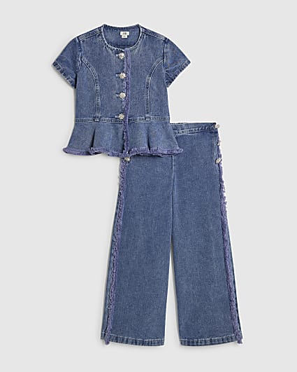 Girls Blue Denim Peplum Top Set