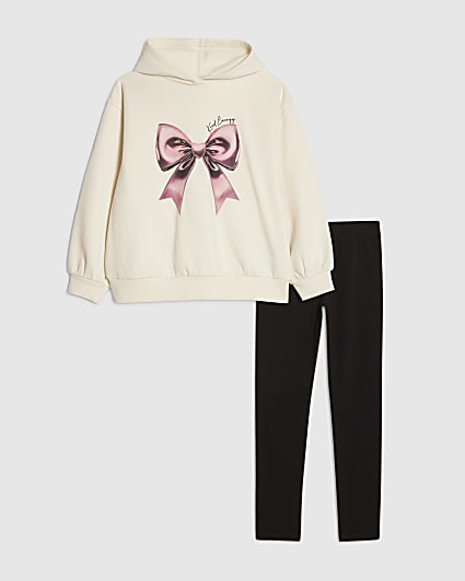 Girls Cream Bow Hoodie And Leggings Set