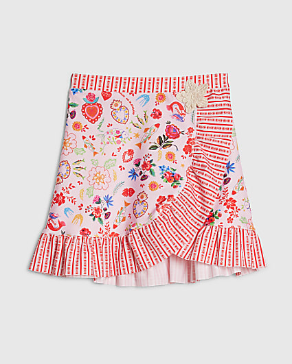 Girls Pink Floral Print Swim Skirt