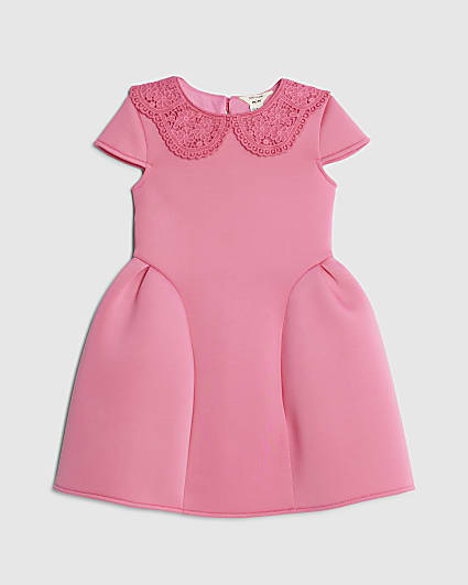 Mini Girls Pink Lace Collar Bow Back Dress