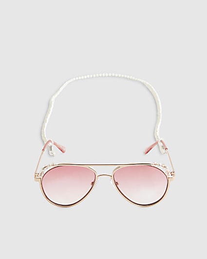 Girls Pink Aviator Sunglasses Pearl Chain