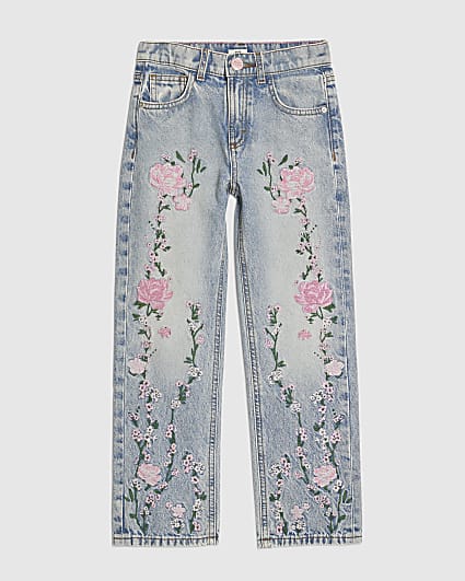 Girls Pink Floral Embroidered Straight Jeans