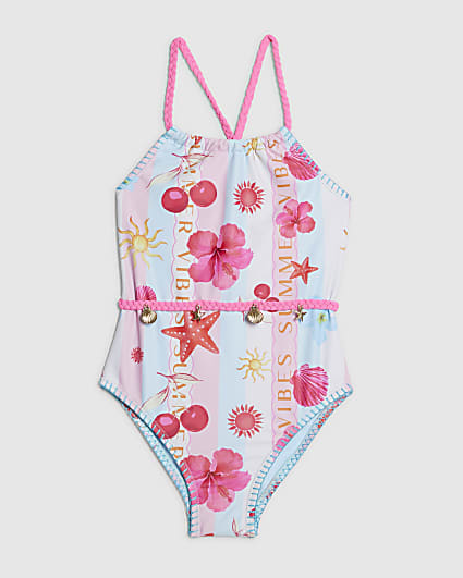 Mini Girls Pink Stripe Beach Print Swimsuit