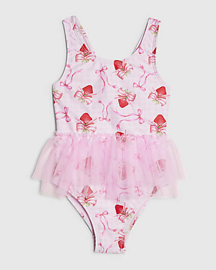 Mini Girls Pink Strawberry Bow Tutu Swimsuit