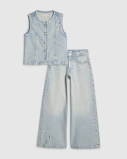 Girls Blue Denim Embellished Waistcoat Set