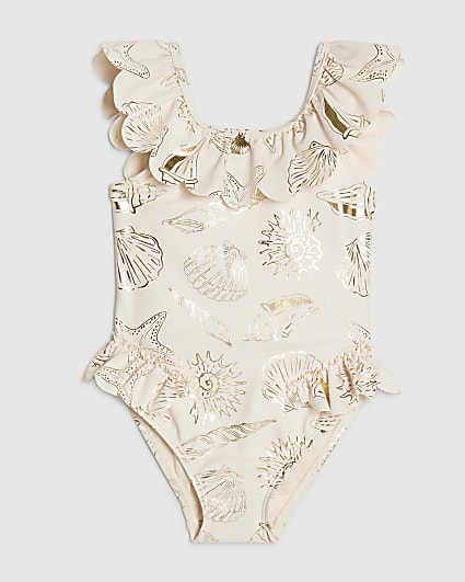Mini Girls Cream Gold Foil Shell Swimsuit