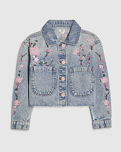 Girls Blue Pink Floral Denim Jacket