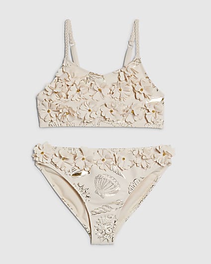 Girls Cream Gold Foil 3D Flower Bikini Set