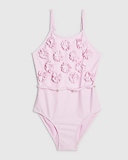 Girls Pink 3D Floral Swimsuit