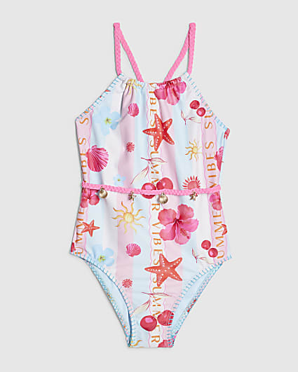 Girls Blue Stripe Beach Print Swimsuit