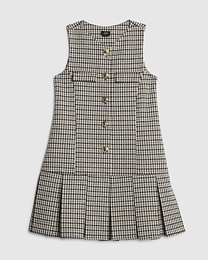 Girls Beige Houndstooth Pinafore Dress