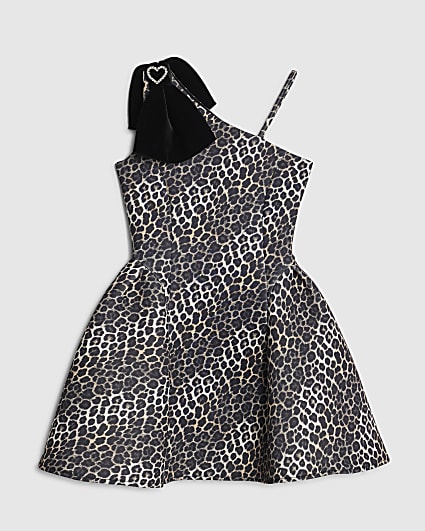 Girls Brown Leopard One Shoulder Bow Dress