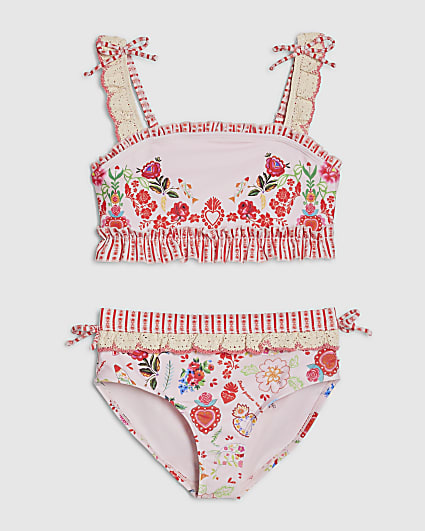 Girls Pink Floral Print Bikini Set
