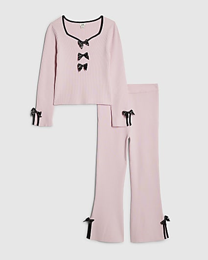 Girls Pink Bow Top And Trousers Set